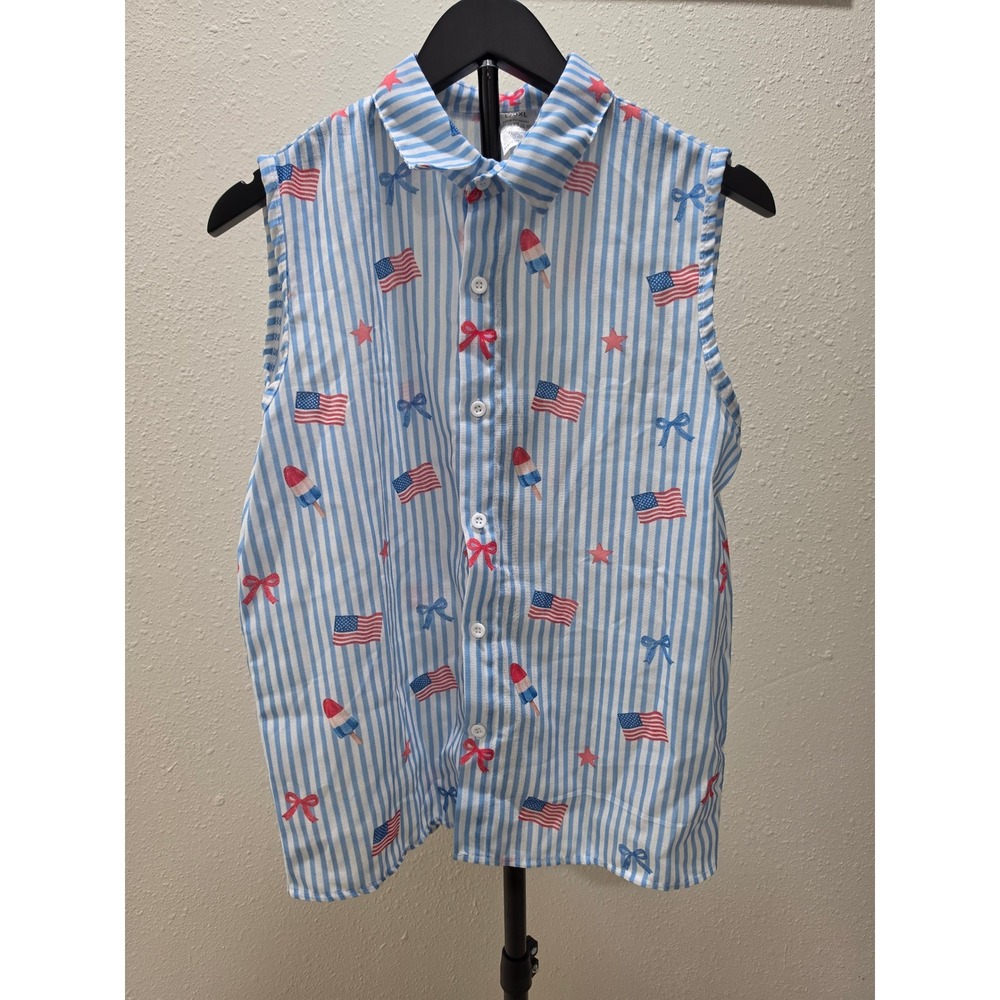 Americana Sleeveless Button Down Shirt Flag Popsicle Bow Stripe L/XL